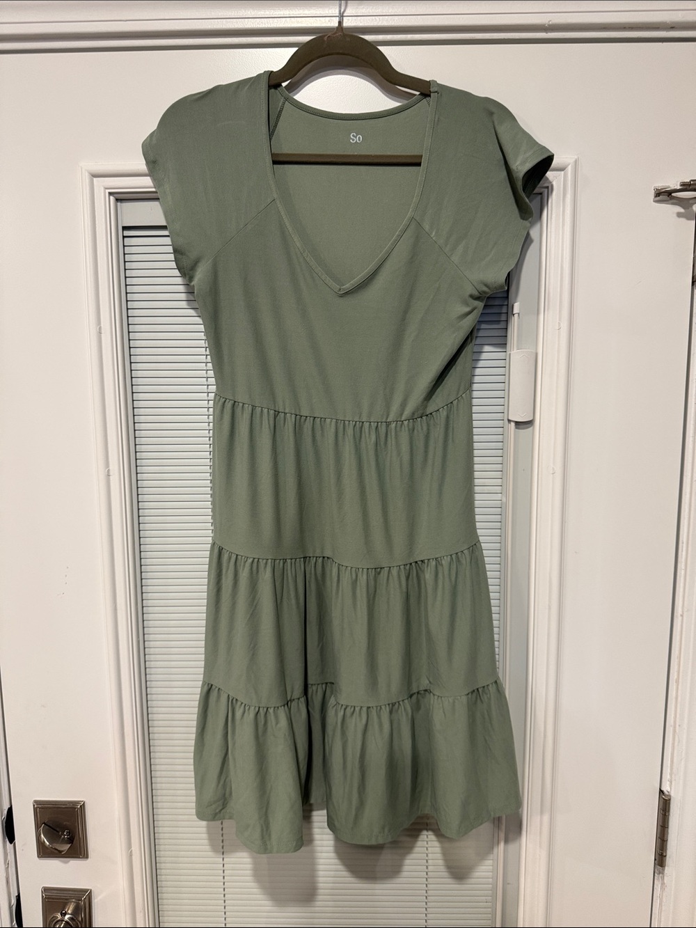 So Tiered V-Neck Short Sleeve Dress in Sage Green